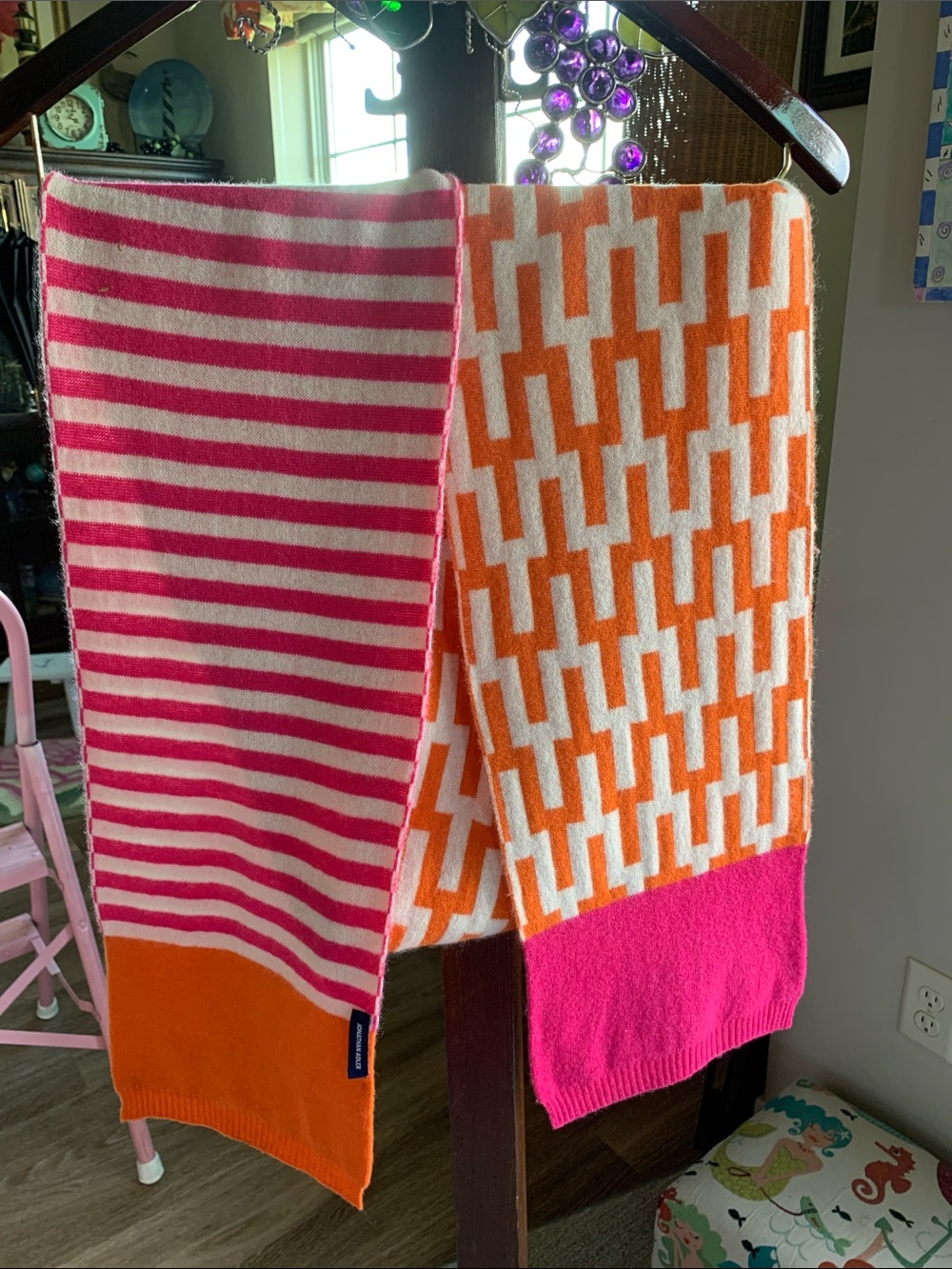 Jonathan Adler Wool/Cashmere Pink/Orange Patterned Scarf